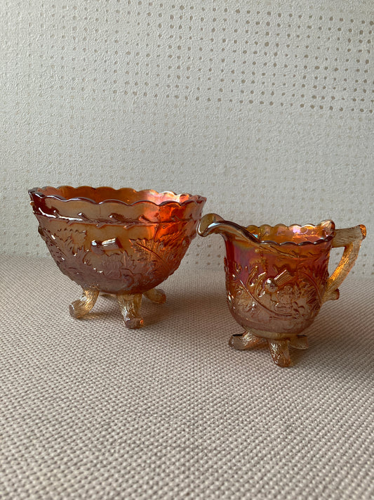 Thistle and Thorn Carnival Glass Sugar and Creamer set